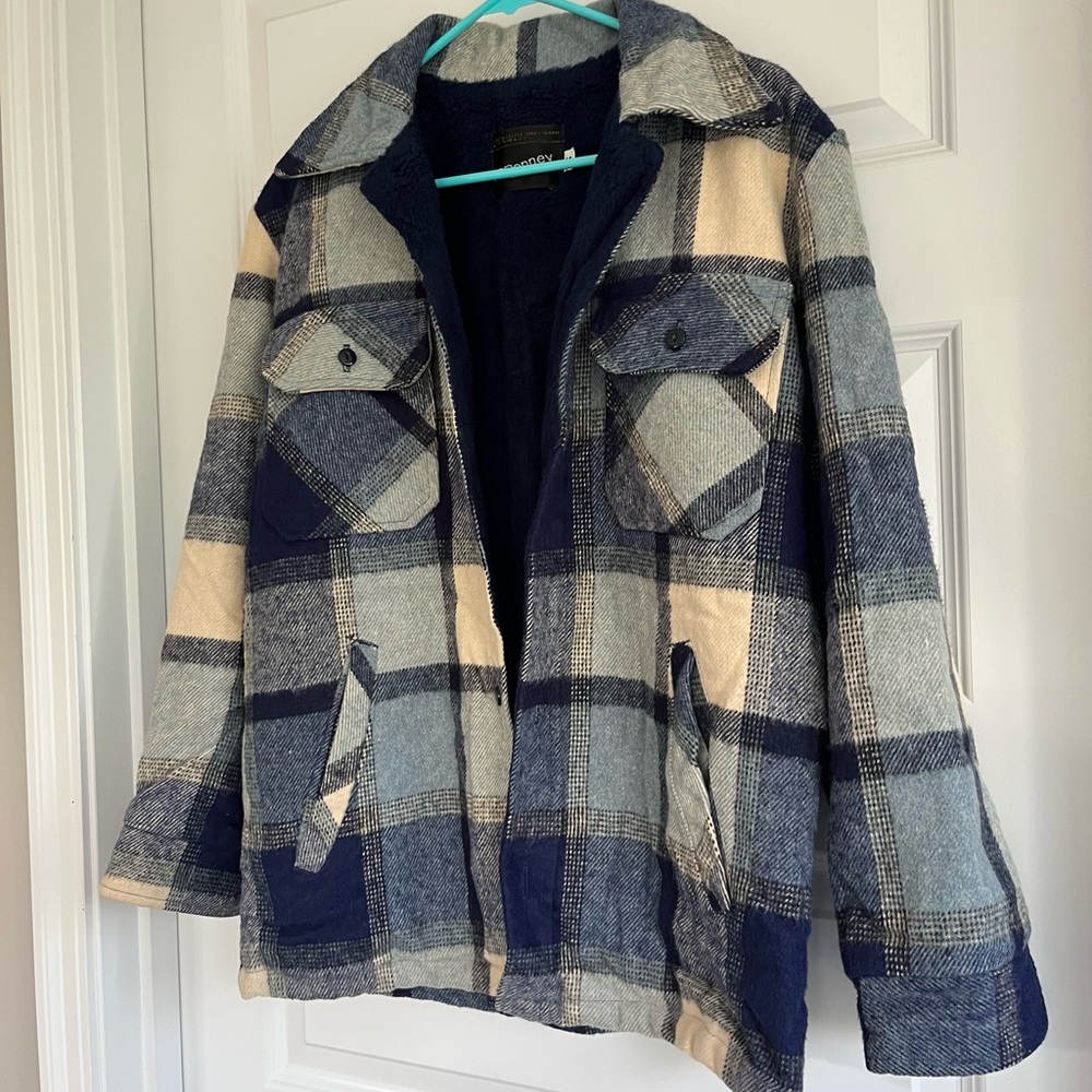 JCPenney Vintage 70s wool Sherpa Shacket men’s blue plaid